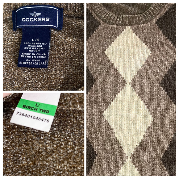 Dockers Brown Argyle Grandpa Pullover Fuzzy Crew Sweater Sz Large - Picture 3 of 7